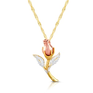 14k Tricolor Gold Rose Pendant Necklace - 18&quot; Solid Gold Chain
