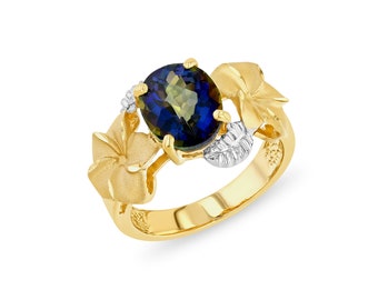 14k solid gold Plumeria ring with Blue mystic topaz stone.