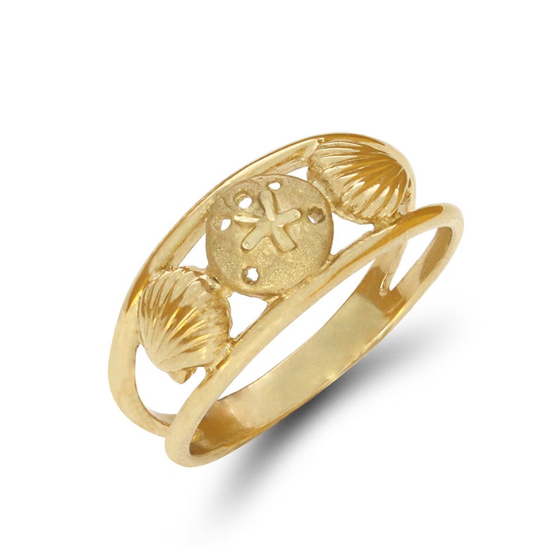 14k Solid Gold Shell With Sand Dollar Ring Seashore Ring - Etsy