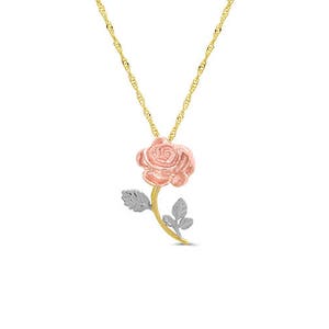 14k solid gold tri color rose pendant on an 18" solid gold chain. floral jewelry, flower pendant