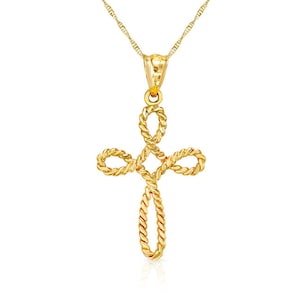 14k solid gold twisted design cross pendant on an 18" chain.