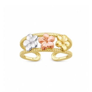 May include: A gold-tone toe ring featuring three flower designs in silver, rose gold, and gold. The ring has a textured band and an open design, perfect for a summer accessory. The flowers are detailed with petals.