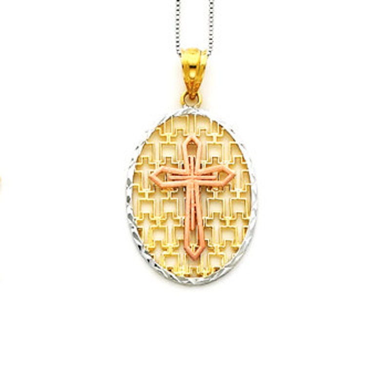 14K Tricolor Oval Cross Pendant, Cross Pendant, Cross Jewelry, Religious Jewelry, Gold Cross image 1