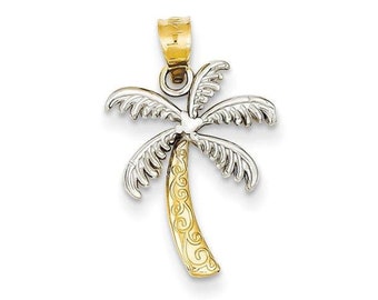14k solid gold two tone palm tree pendant. nautical, tropical jewelry.