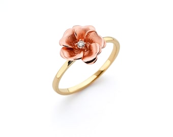 14K Two Tone Diamond Rose Ring, Diamond Rose Ring, Rose Jewelry, Diamond Jewelry, Fancy Jewelry, Floral Jewelry, Flower Jewelry