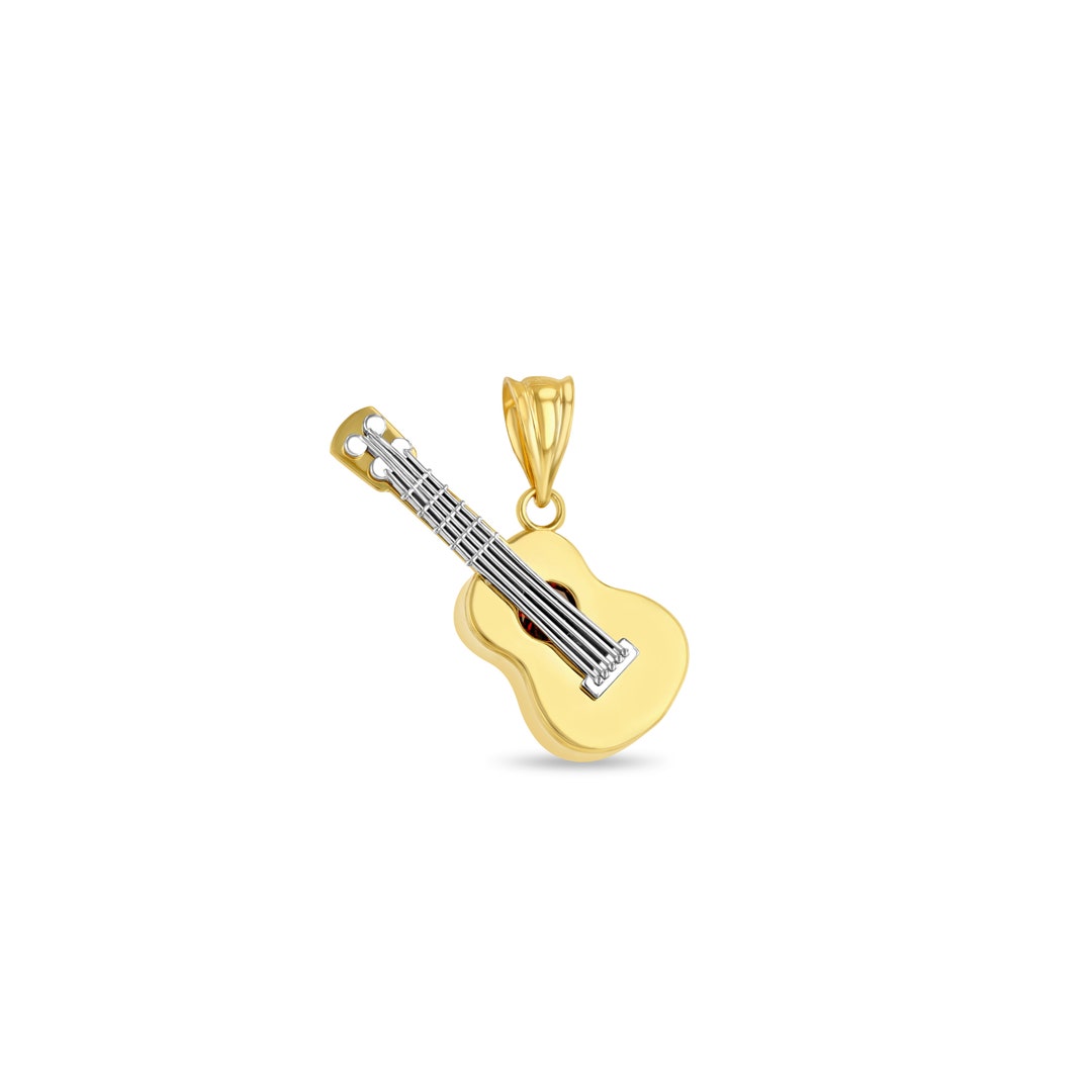 Solid 14k Yellow and White Gold Guitar Pendant With Genuine in Center on 18 Yellow Gold