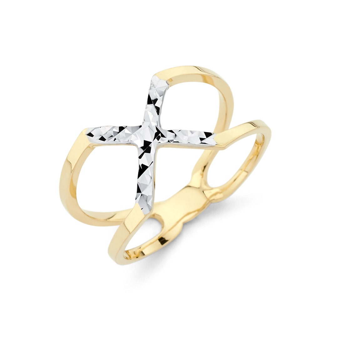 14K Gold X Ring, Diamond Cut Ring, X Ring, Twotone Ring, Gold Ring