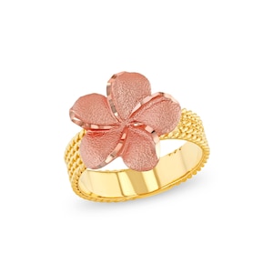 14k solid gold Two Tone Plumeria Ring. Hawaiian Flower ring.