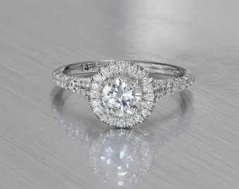 14K White Gold Round Halo Diamond Engagement Ring