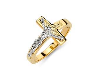 14K zweifarbiger Kruzifix-Ring, Kruzifix-Ring-Kruzifix-Schmuck, Kreuz-Schmuck, religiöser Schmuck, Kreuzring, Kruzifix-Ring, Kruzifix-Schmuck