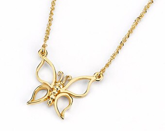 Collar de mariposa de oro de 14 quilates: delicado colgante de ala abierta