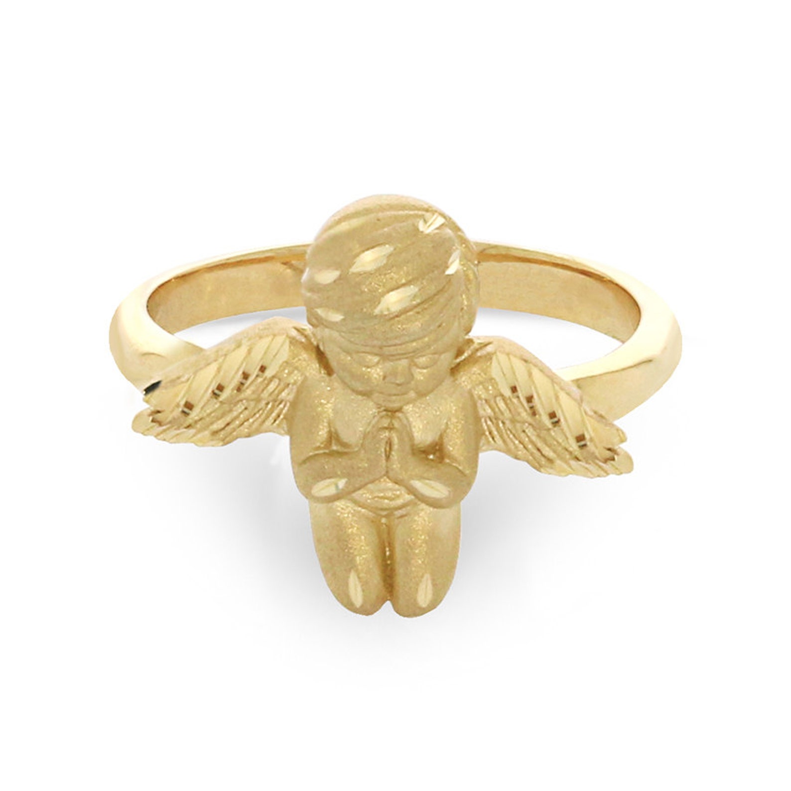 14k solid gold praying angel ring. angel ring religious ring Etsy