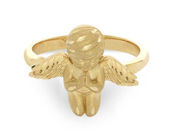Anillo de ángel rezando de oro macizo de 14 quilates: joyería religiosa