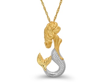 14k solid gold Two Tone Mermaid pendant with 18" chain.. sealife jewelry, mermaid jewelry,