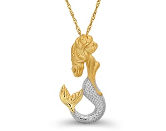 14k solid gold Two Tone Mermaid pendant with 18&quot; chain.. sealife jewelry, mermaid jewelry,