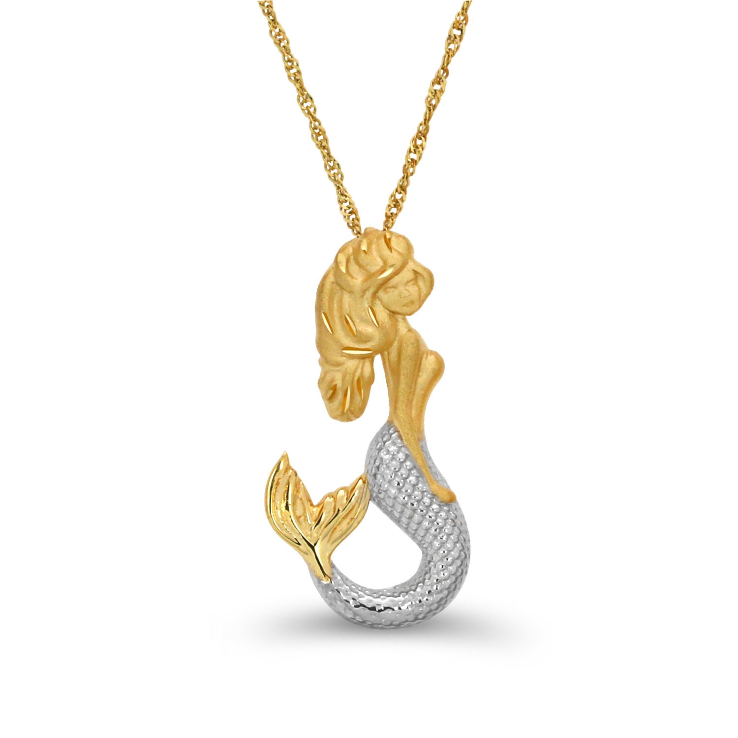 14k solid gold Two Tone Mermaid pendant with 18