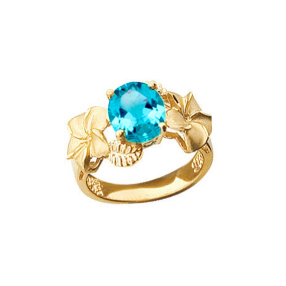 14K Yellow Gold Blue Topaz Plumeria Ring Blue Topaz Ring