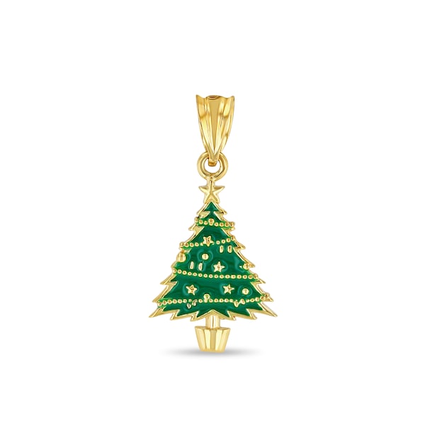 14k solid gold Enamel Tree pendant. Christmas Tree pendant. Holiday Pendant.