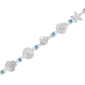 Sterling Silver Seashell, Sand Dollar & Starfish Bracelet with Genuine London and Swiss Blue Topaz – Beach Jewelry, Silver Gemstone Bracelet