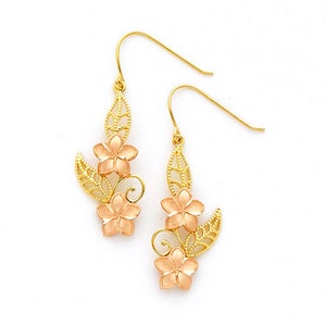 14K Two-tone Rose & Yellow Gold Plumeria flowers hook earrings