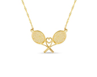 14k solid gold tennis racket necklace with heart in center. tennis necklace. sports jewelry