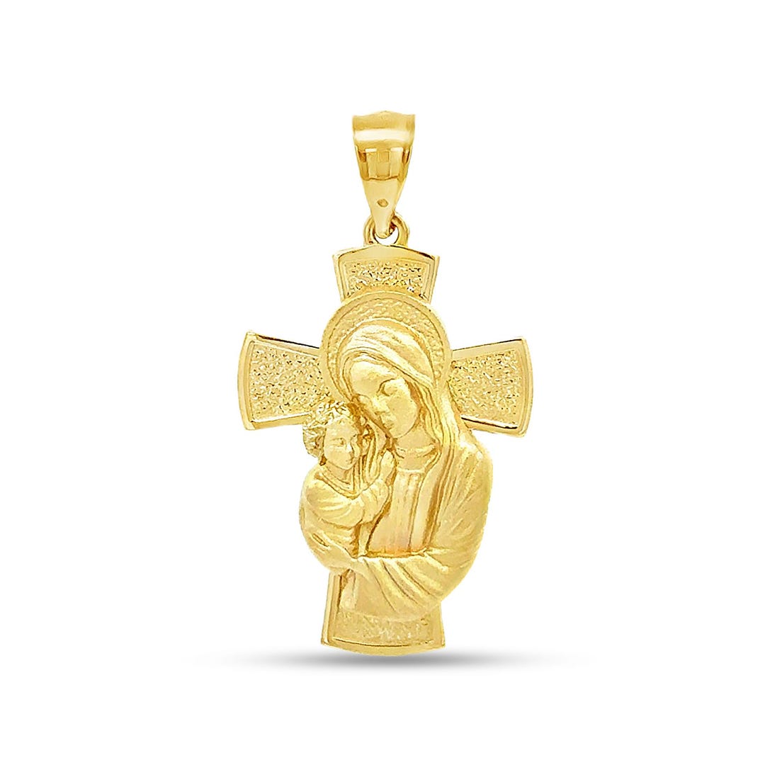 14k Solid Gold Virgin Mary With Jesus on a Cross Pendant. - Etsy Canada