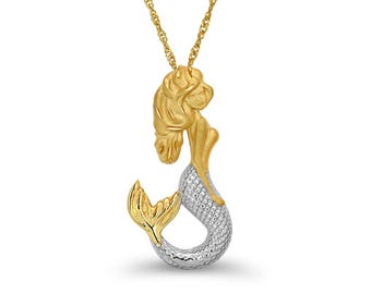 14k massief gouden tweekleurige zeemeerminhanger, ketting.