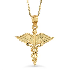 Collana con ciondolo a forma di caduceo in oro massiccio 14 carati: gioielli per l&#39;identificazione medica