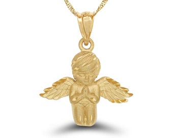 14K Solid Gold Praying Angel Pendant Necklace: Religious Charm Jewelry
