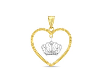 14k solid gold two tone heart with crown pendant.