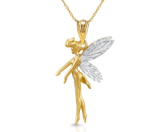 14k solid gold two tone fairy pendant on 18" solid gold chain.