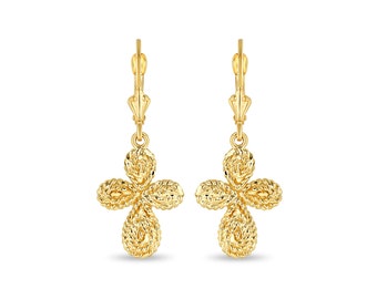 14k Solid Gold Cross Earrings on Fleur de Lis lever backs drop earrings.