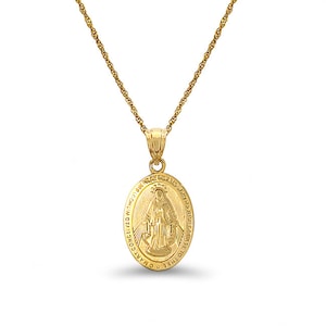 14k solid gold Virgin Mary medallion pendant with 18" solid gold chain.