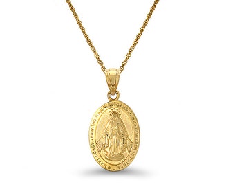 14k solid gold Virgin Mary medallion pendant with 18" solid gold chain.