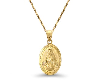 14K Solid Gold Virgin Mary Medallion Pendant with 18&quot; Chain – Religious Catholic Medal Necklace. Available in Rose, White, and Yellow Gold.