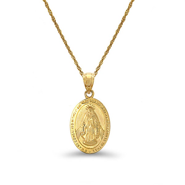 14k solid gold Virgin Mary medallion pendant with 18" solid gold chain.
