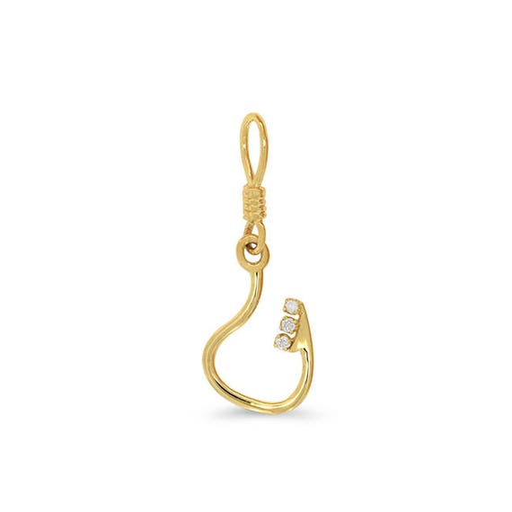 14k Solid Gold Fish Hook Pendant With .07ct Diamond. Nautical