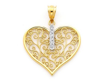 14K gold Filigree Heart Pendant set with .03 carat diamonds.