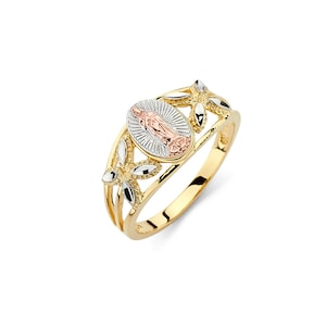 Anillo Tricolor de Nuestra Señora de Guadalupe de 14K, Joyería Religiosa, Guadalupe de Oro, Guadalupe, Anillo Guadalupe, Anillo Religioso, Anillo de Oro