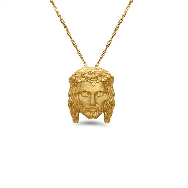 14k solid gold jesus head pendant with gold chain. religious pendant