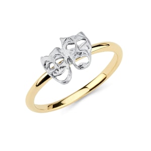 14K Two-Tone Gold Theater Ring – Drama & Comedy Masks Jewelry, Unique Theater Gift, Gold Statement Ring