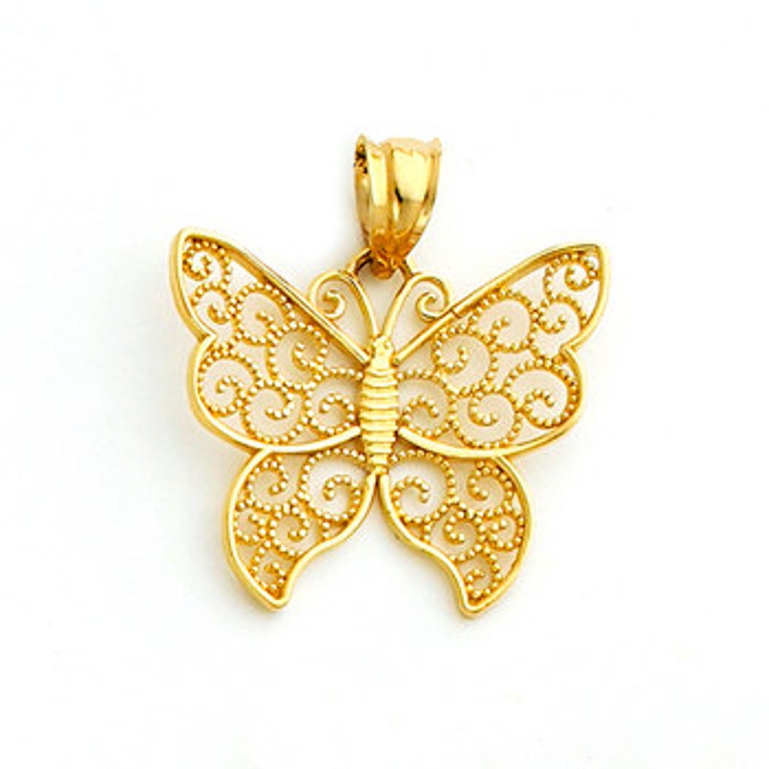 Solid 10k Gold Butterfly Pendant – Sparkling Cut & Filigree Design With Symbolic Charm