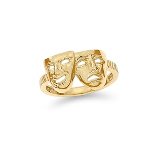 14k solid gold comedy/ tragedy mask ring, theater ring,