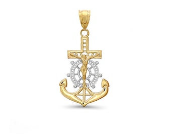 14k Two Tone solid gold Mariners Cross, Crucifix, Anchor Pendant