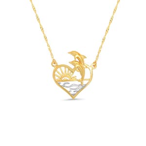 14k two tone solid gold dolphin sunset heart necklace. sea life jewelry, dolphin jewelry