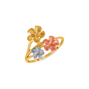 14k solid gold tricolor plumeria flower ring.