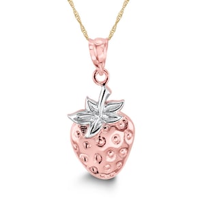 14k solid gold two tone strawberry pendant on 18" solid Rose gold chain.