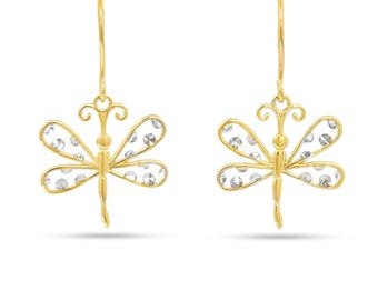 14Kt Gold Two-tone Dragon Fly Fish Hook Earrings