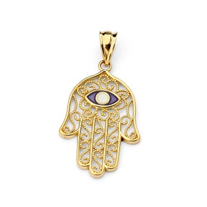 14K Yellow Gold Enamel Hamsa Pendant, Hamsa Pendant, Hamsa Jewelry, Enamel Pendant, Enamel Jewelry, Egyptian Jewelry, Luck Jewelry, Evil Eye