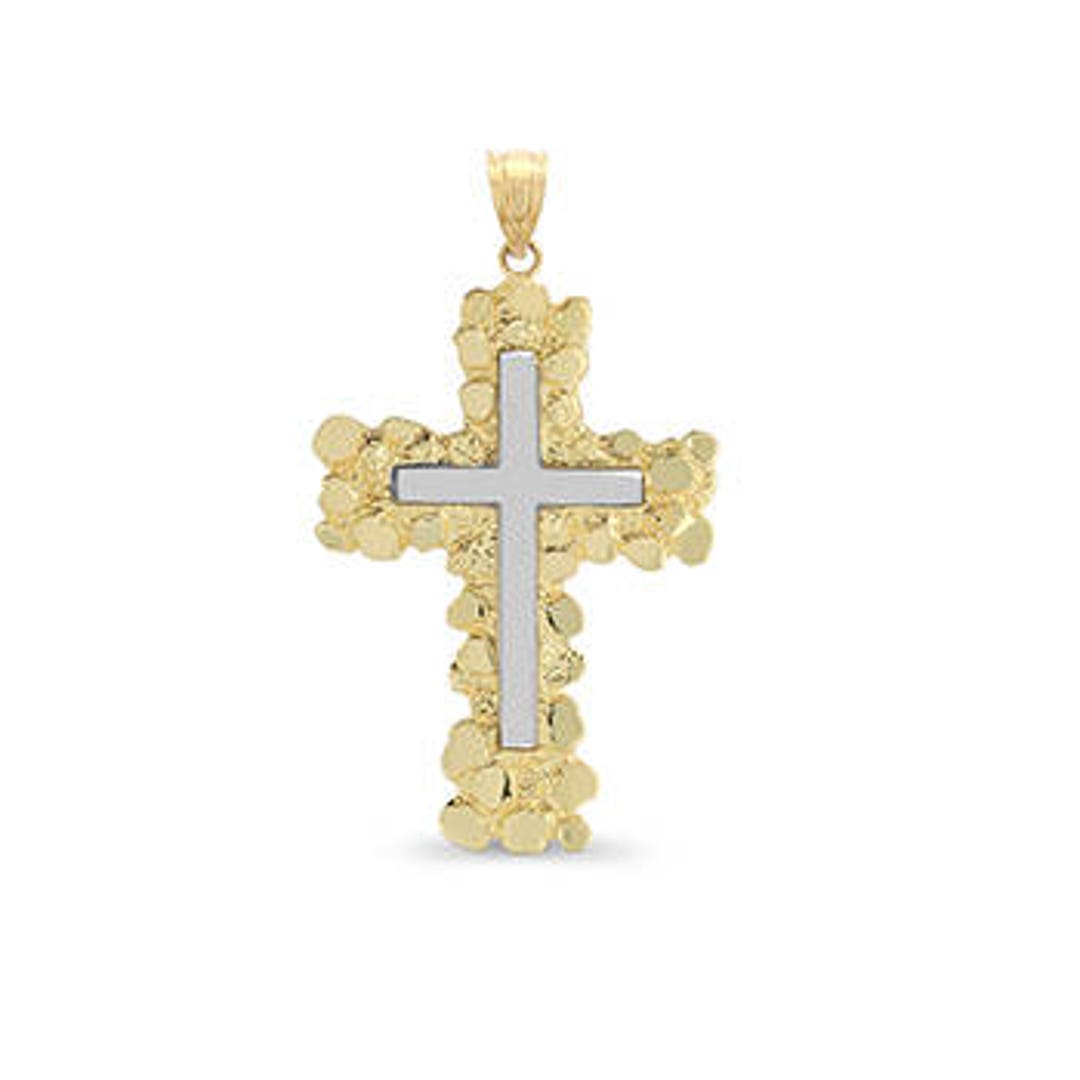 14k Solid Gold Two Tone Nugget Cross Pendant Religious - Etsy